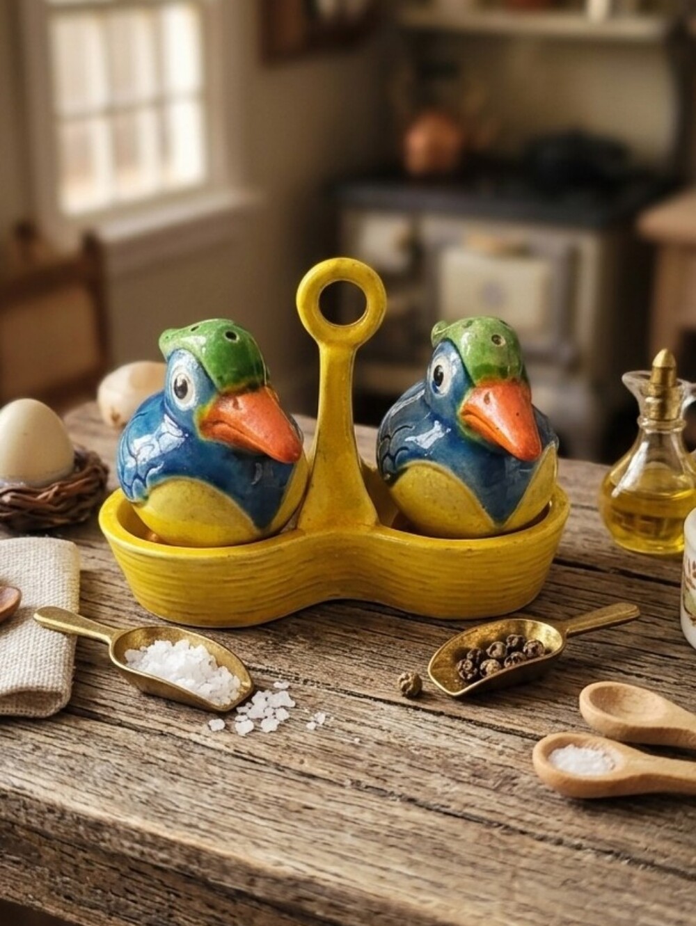 Vintage Japanese Parrot Salt & Pepper Shakers with Holder - Picture 1 of 7